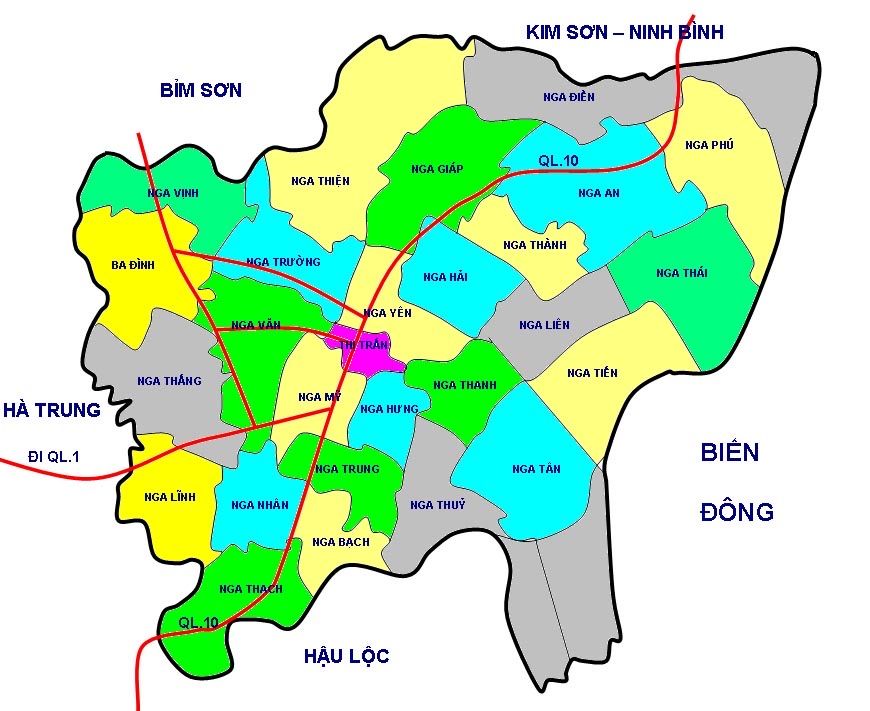 Bản đồ màu 26 xã và thị trấn của huyện Nga Sơn, có quốc lộ 10 và các huyện giáp ranh