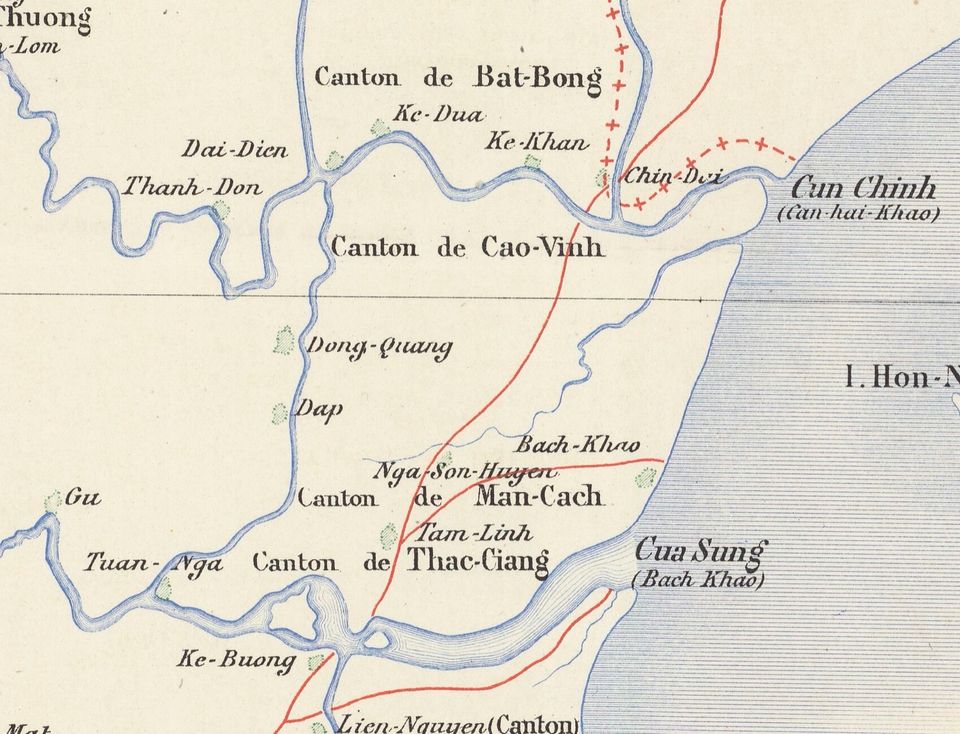 Bản đồ Pháp năm 1886 vùng Nga Sơn với huyện lỵ Nga-Son-Huyen, các tổng và cửa Sung ven biển