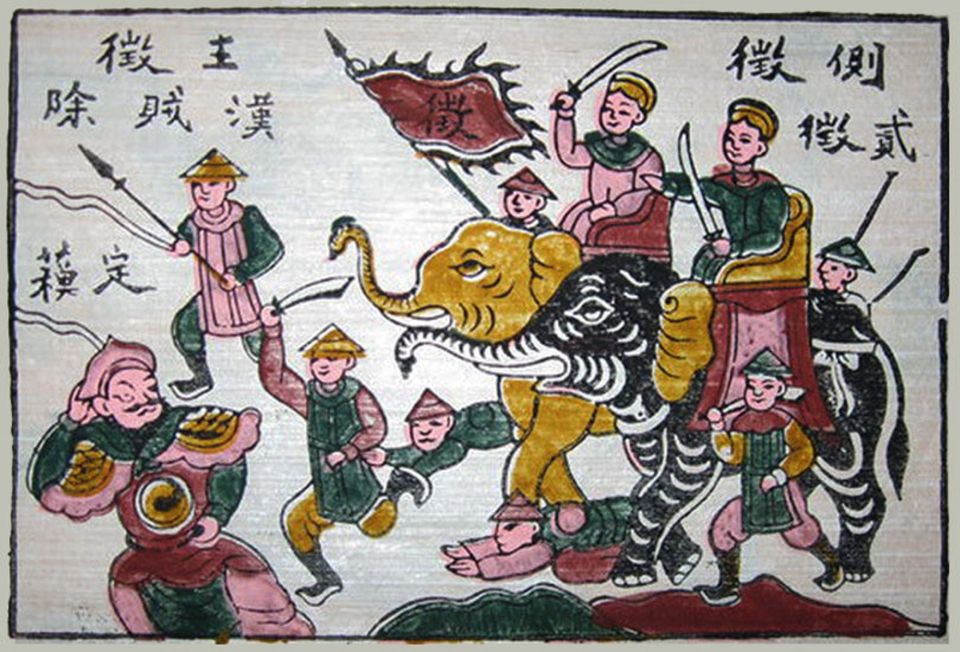 Tranh dân gian Đông Hồ vẽ Hai Bà Trưng cưỡi voi cầm kiếm, quân lính cầm giáo đuổi tướng giặc