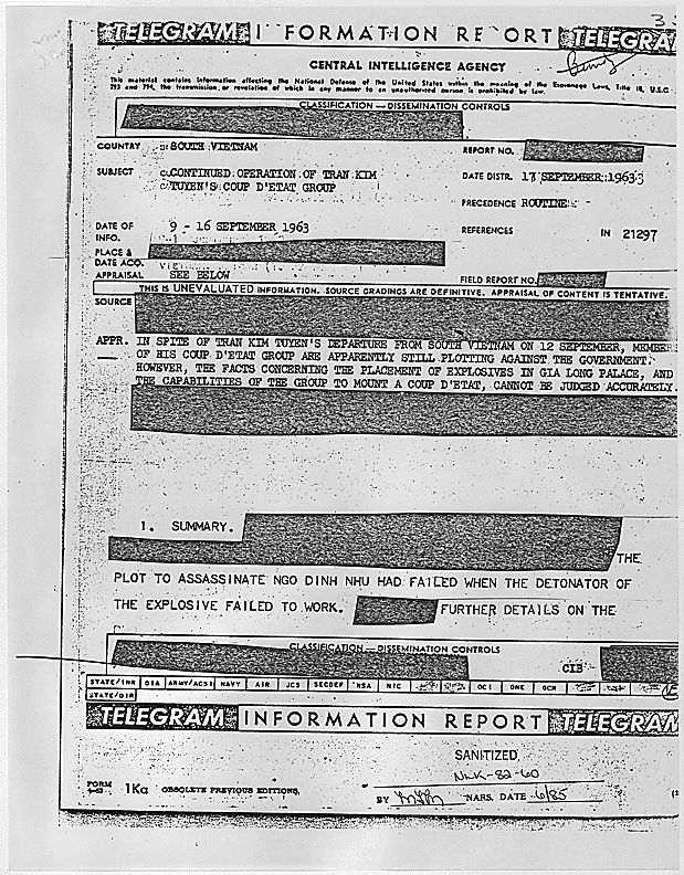 Trang đầu bức điện CIA đánh máy năm 1963 về nhóm đảo chính của Trần Kim Tuyến